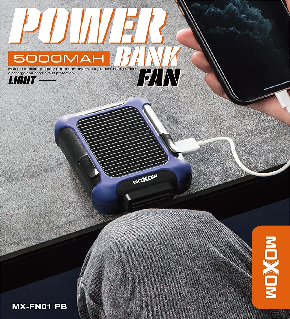 Newest 2 in 1 function running riding fan Rechargeable Mini Portable Fan 5000mah Emergency PowerBank by MOXOM