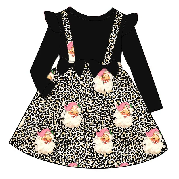 Christmas New Arrival Fashionable Kids Long Sleeve  Bowknot Overall  Dress Custom Printing  Comfortable Fabric Princess Dress