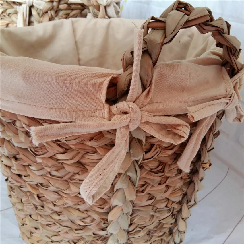 Handmade grass woven storage basket with handles lining cloth removable and washable dirty clothes laundry storage basket
