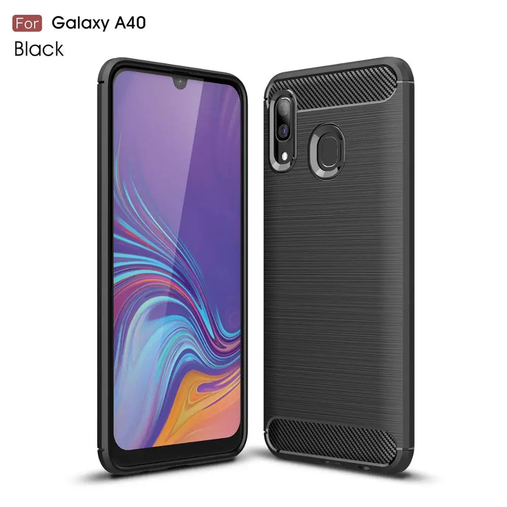 for Samsung Galaxy A40 Black Silicone Slim Flexible TPU Protective Phone Case Shock Absorption Carbon Fiber Cover