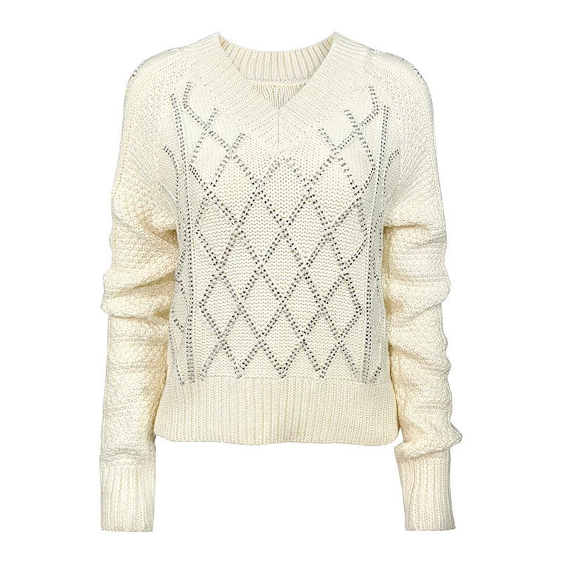 Knitwear Manufacturer Custom Woolen Knitted Rib White V-neck Top Long Sleeve Women Wool Cashmere Pullover Sweater