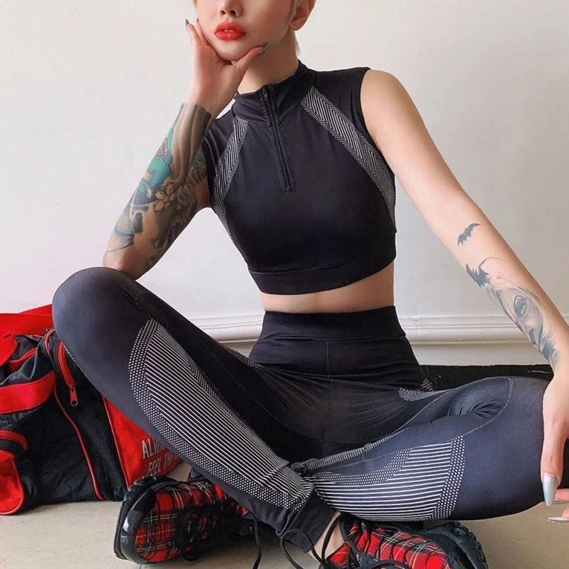 Оптовая продажа, укороченный топ на молнии и облегающая женская одежда с высокой посадкой для спортзала