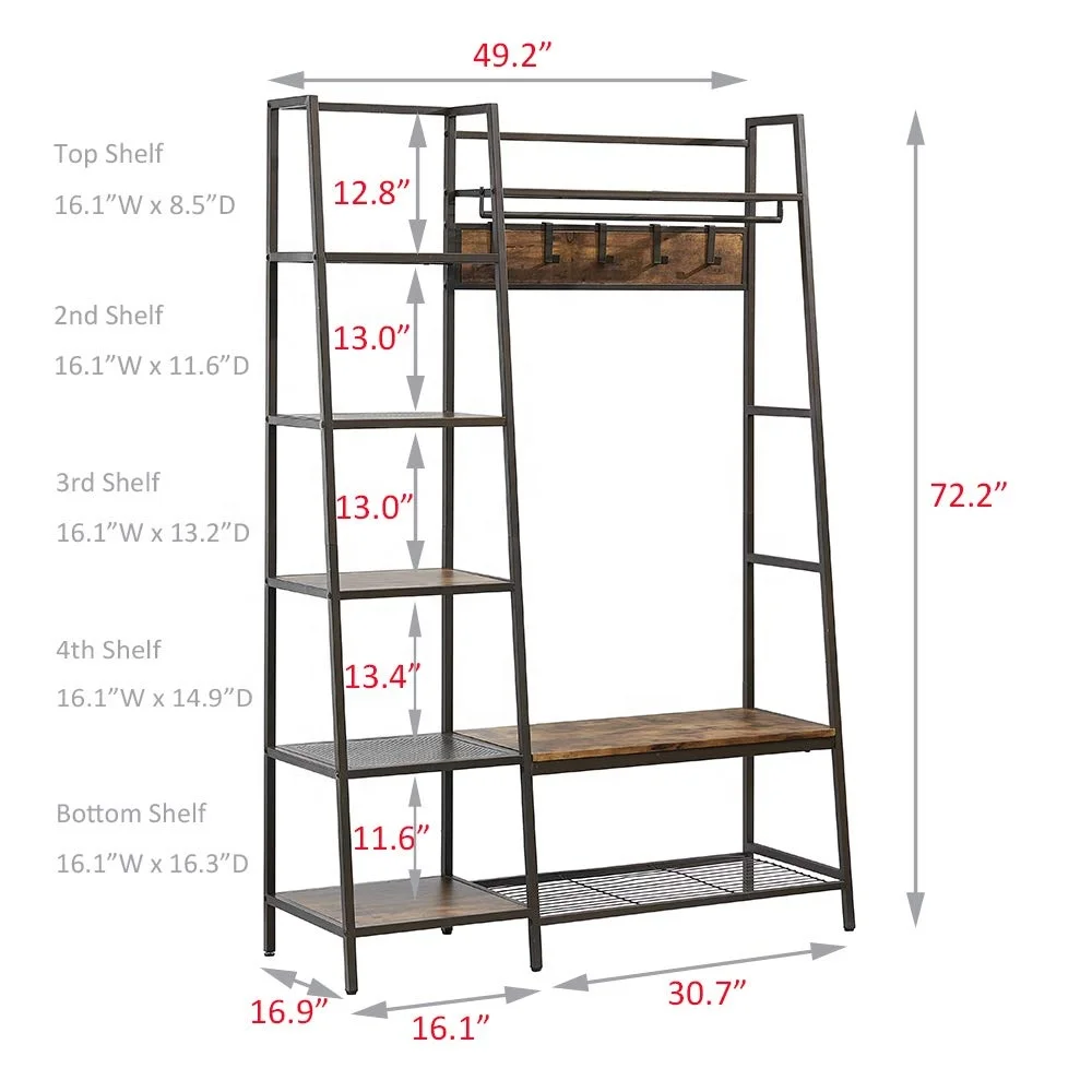 Винтажная вешалка для пальто Hall Tree со съемными крючками, полки для хранения и скамейка