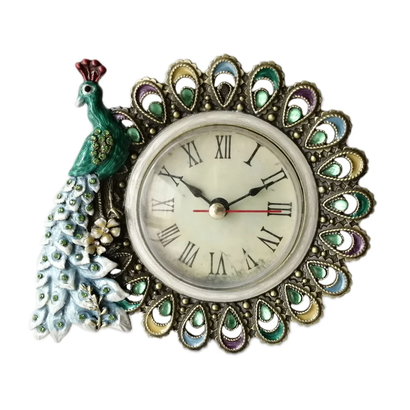 Vintage Peacock  Small Quartz Analog Round Table Clock With Green Rhinestones 12cm By 11.5cm Handmade Zinc Alloy Framed Decor