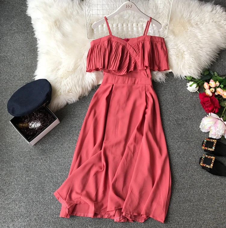Customized pleated off shoulder one line neck strap mid length dress for women