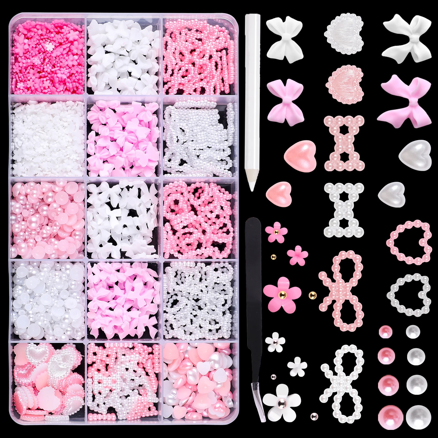 12 Grids box Mixed Resin Bowknot 1000pcs 3D Nail Acrylic Charms Kawaii Colorful Bow Rhinestone Manicure Tools Parts Decoration