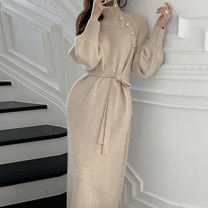 Wholesale Autumn Winter Women Knit Dress with Belt Button French Style Elegant Solid Color Sweater Long Dress