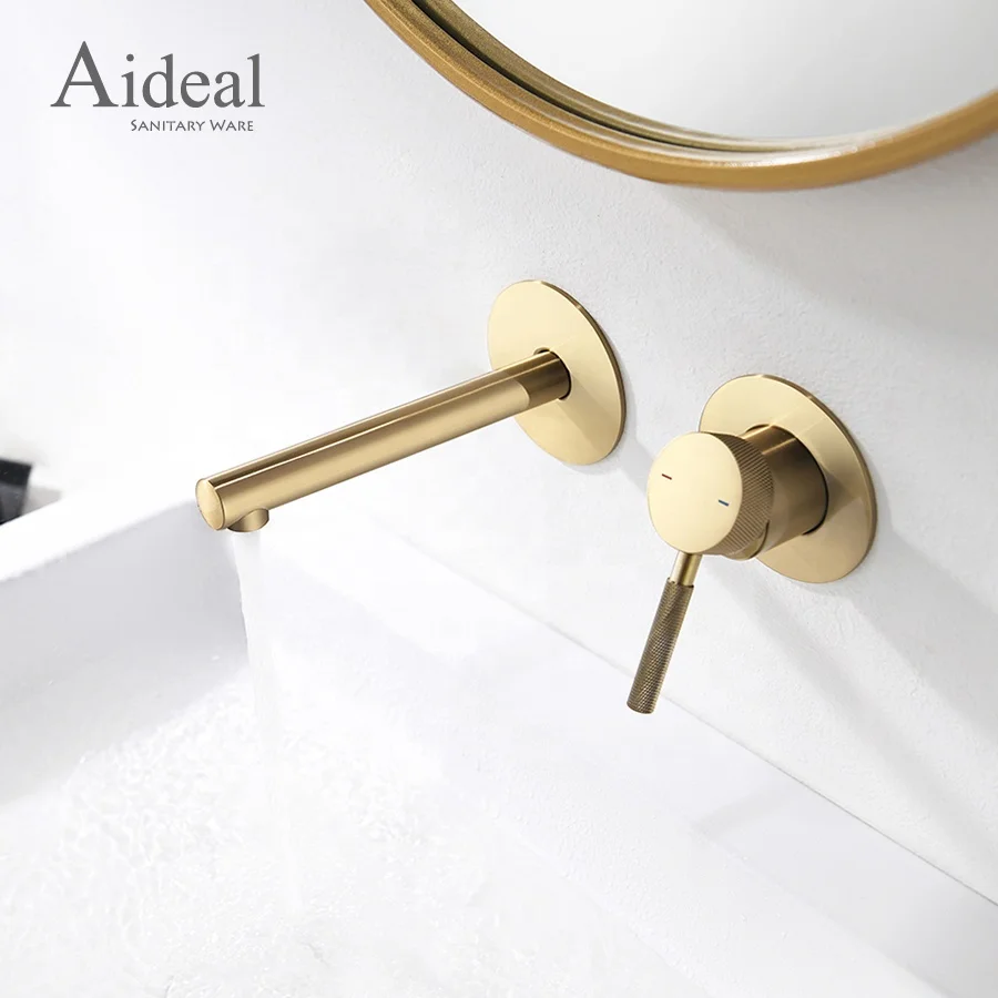 Aideal Knurled Design Wall Mounted Brushed Gold Concealed Brass Basin Faucet for Bathroom