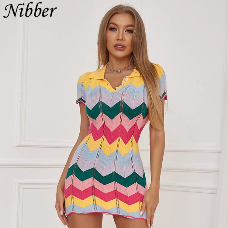 Nibber W22D15713 Elegant Knit Colorblock Slim Fit Womens Clothing Short Sleeve Lapel Women Casual Dresses.