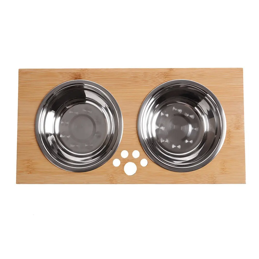 Wholesale Elevated Cat Bowl Bamboo Dog Bowls Stand Stainless Steel Food&Water Bowls Cats and Puppy Pet Bowls & Feeders
