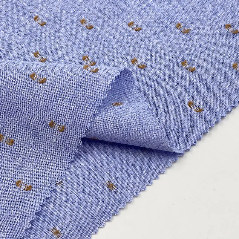 SS2024 men shirt woven plumetis cutting motif yarn dyed denim blue colors 50% cotton 40% poly 10% linen blended fabric