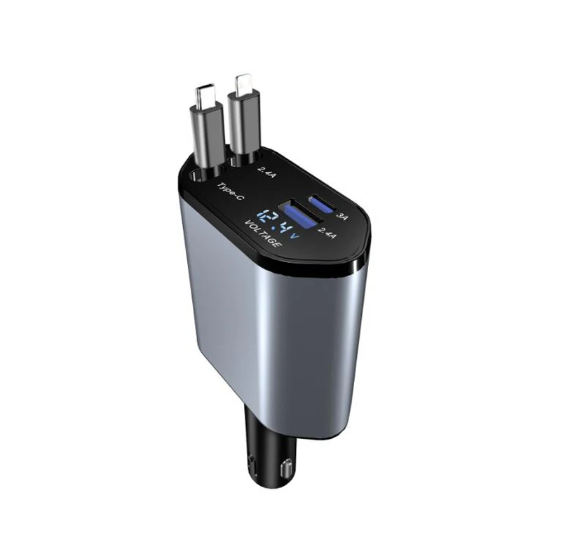 New 4in1 Multifunctional  100w 4 in 1 digital display fast charging charger retractable cable car charger with 2 charging cables