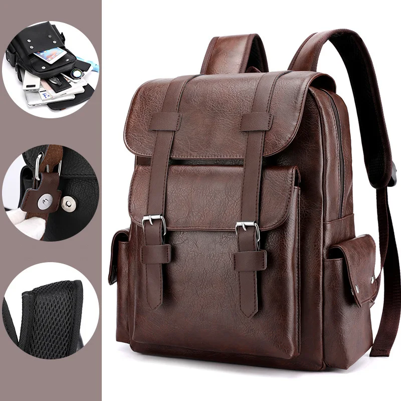 Large Capacity Soft PU Leather Backpack Leisure Fashionable College School Bag Computer Travel Laptop Backpack For Men and Women