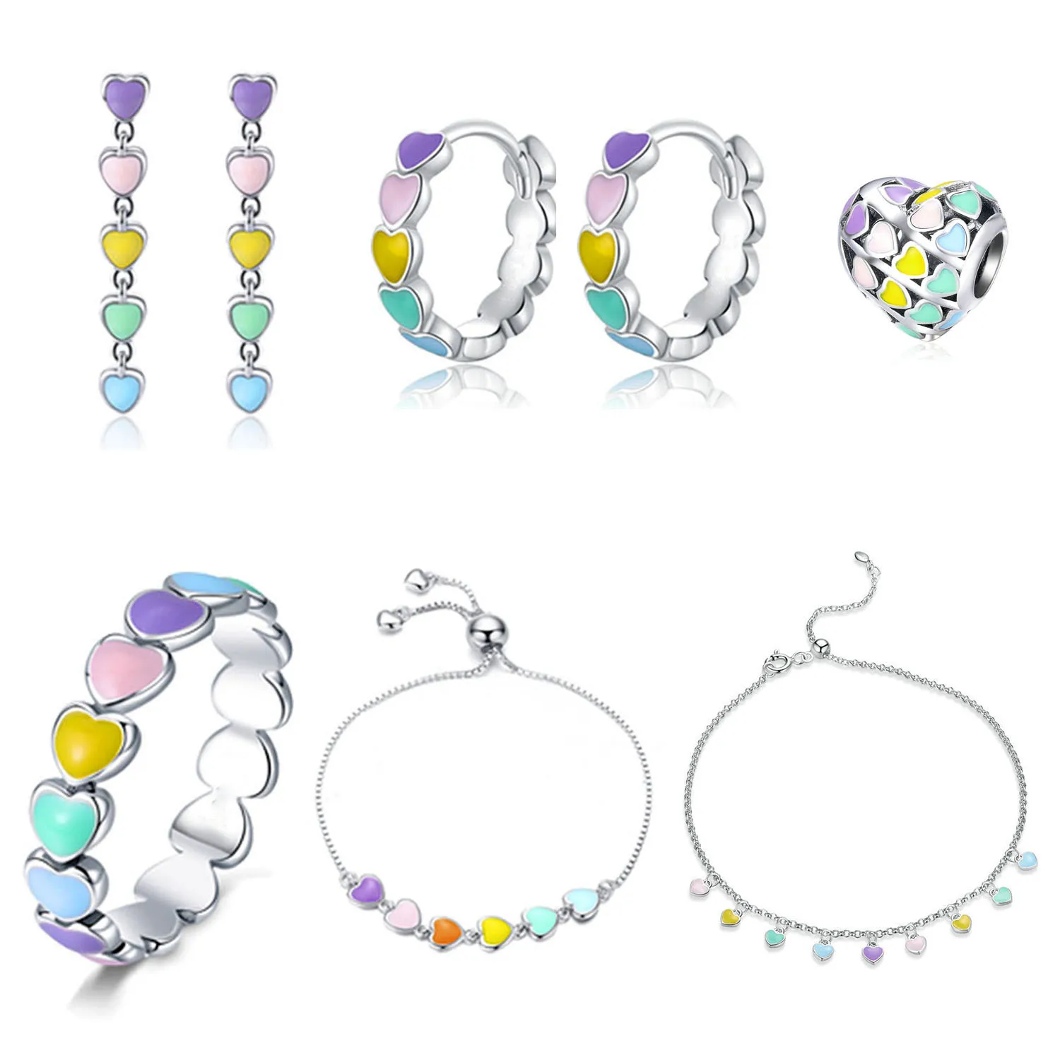 colorful heart earrings ring bracelet jewelry custom box chain 925 Sterling silver heart jewelry set for women