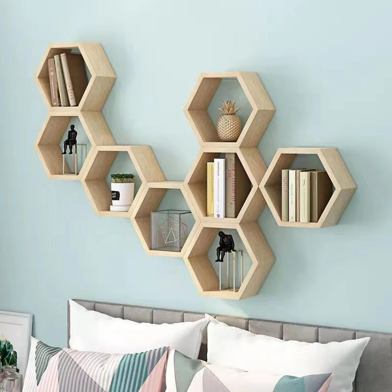 White Honeycomb Shelves wood storage shelf display Geometric wooden Floating Hexagon wall Shelf kitchen furniture