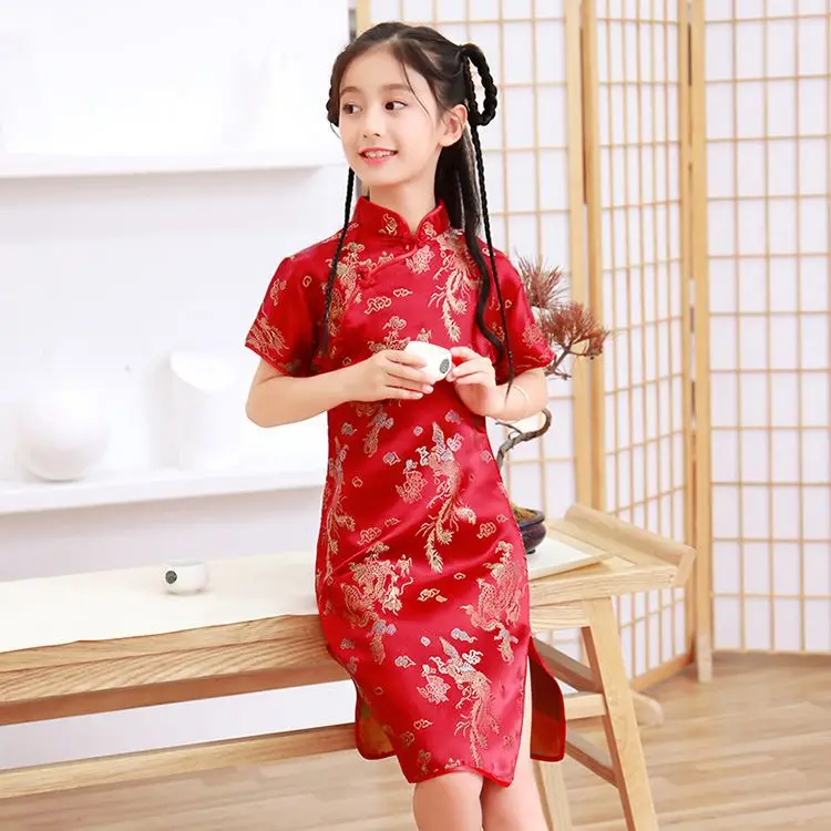 Cheongsam Kid Wholesale Summer Chinese Traditional Retro Style Teenage Kid Short Cheongsam Dress For Girls