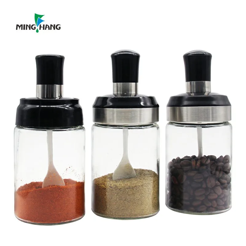 Оптовая продажа, банка для специй, стеклянная банка для хранения перца с ложкой