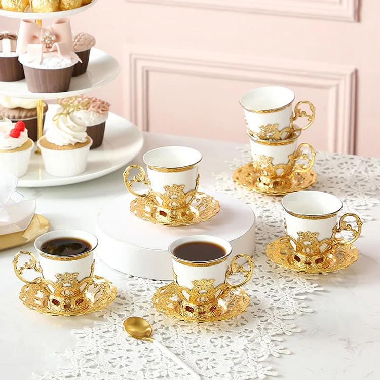 Hot Selling Luxury Porcelain Turkish Cup Set Gold Ceramic Gift Coffee Tea Cup and Saucer Set of 6