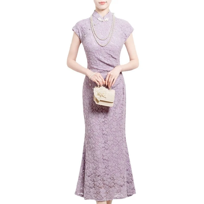 Women Purple Lace Cheongsam Dress Vintage Elegant Chinese Traditional Short Sleeve Dresses Light Ripe Style Qipao