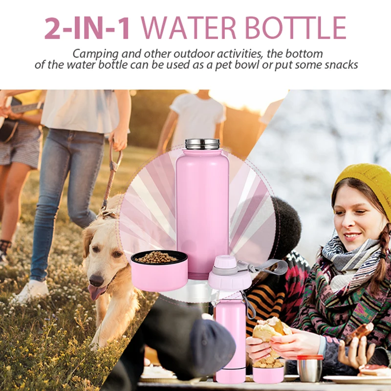 Everich Two Part Vacuum Insulated Multi-functional Stainless Steel Water Bottle With Removable Bottom Storage Plastic Bowl