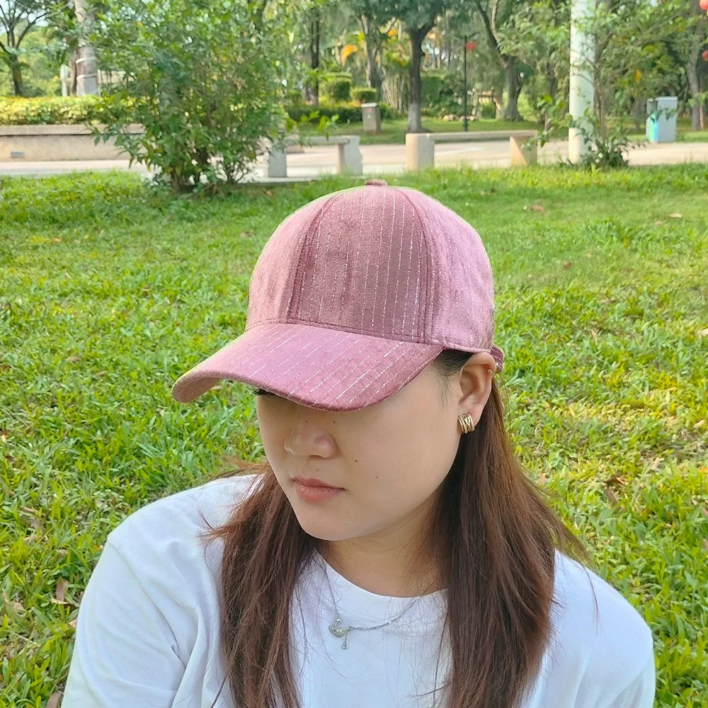 High Quality Pink Stripe 6 Panel Velvet Baseball Caps Bowknot Snapback Sport Hat