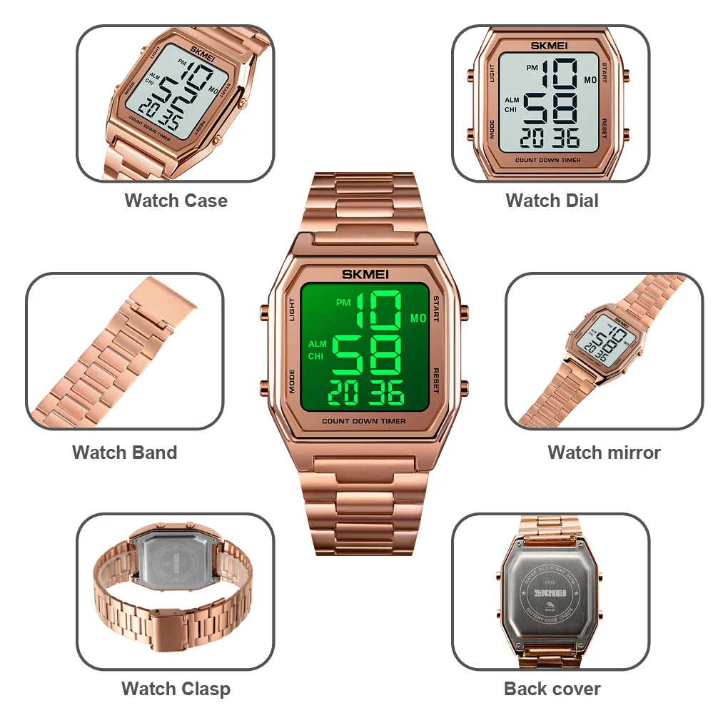 Relojes SKMEI 1735 Sport Watches Stainless Steel Multifunction Movement Digital Watch for Men Golden