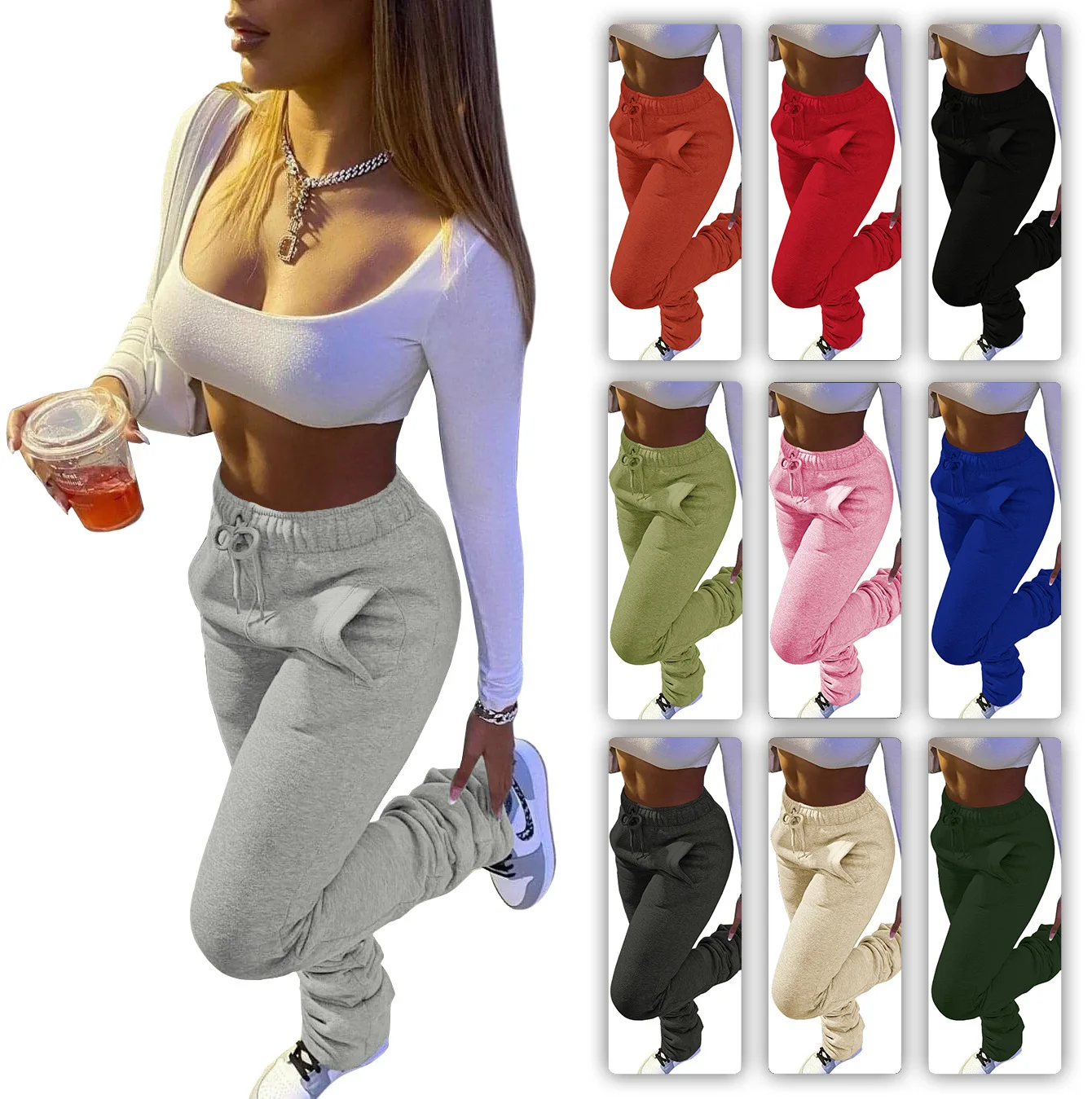 Casual Workout Trousers Loose Harem Pants Drawstring Sports Sweatpants 2021 Women Stacked Pants