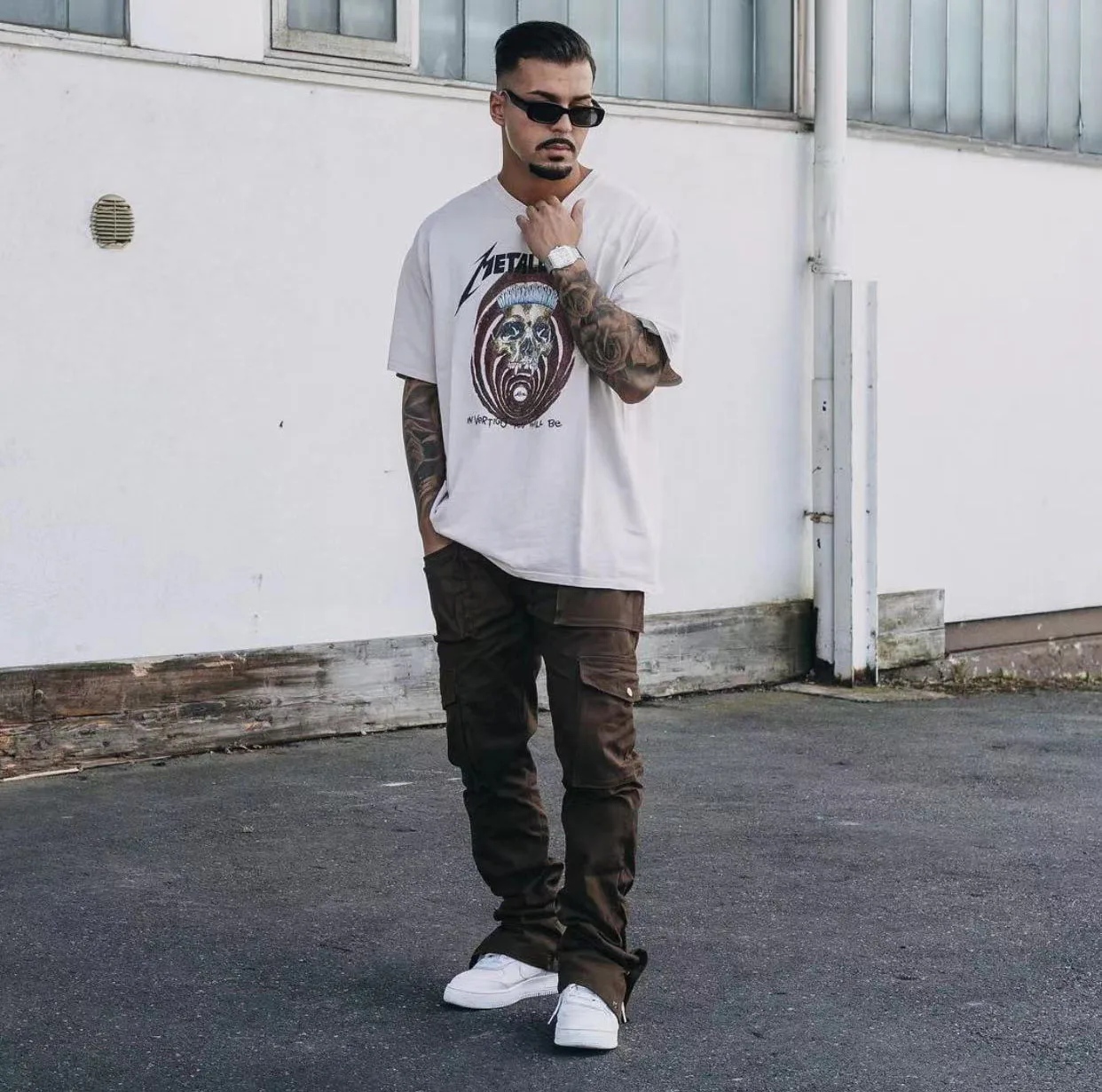 Custom 100% Cotton Mens Trousers With 6 Side Pockets Loose Streetwear Cargo Pant Split Hem Flared Stacked Sweat Pants For Men