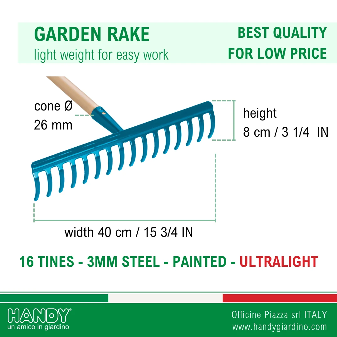 Italian Quality Ultralight Steel 16 Tines Rake with 120 cm Handle for Gardening Maintenance
