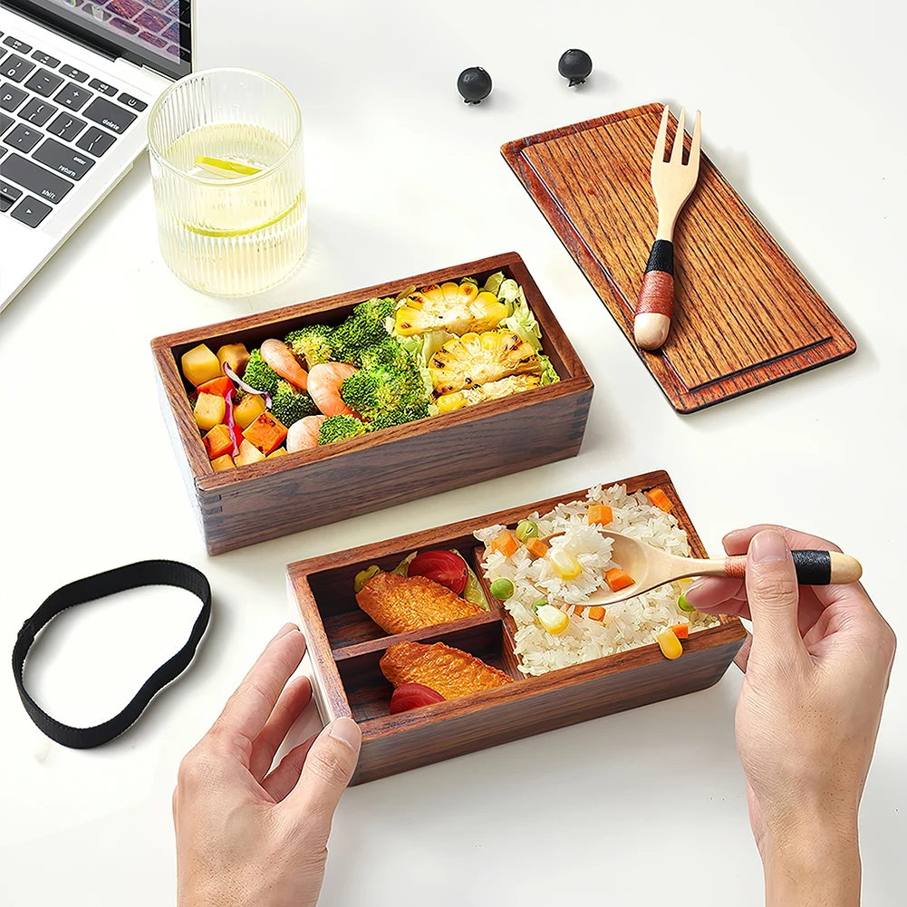 Деревянный японский Ланч-бокс Bento с вилкой и ложкой контейнер для хранения еды детей