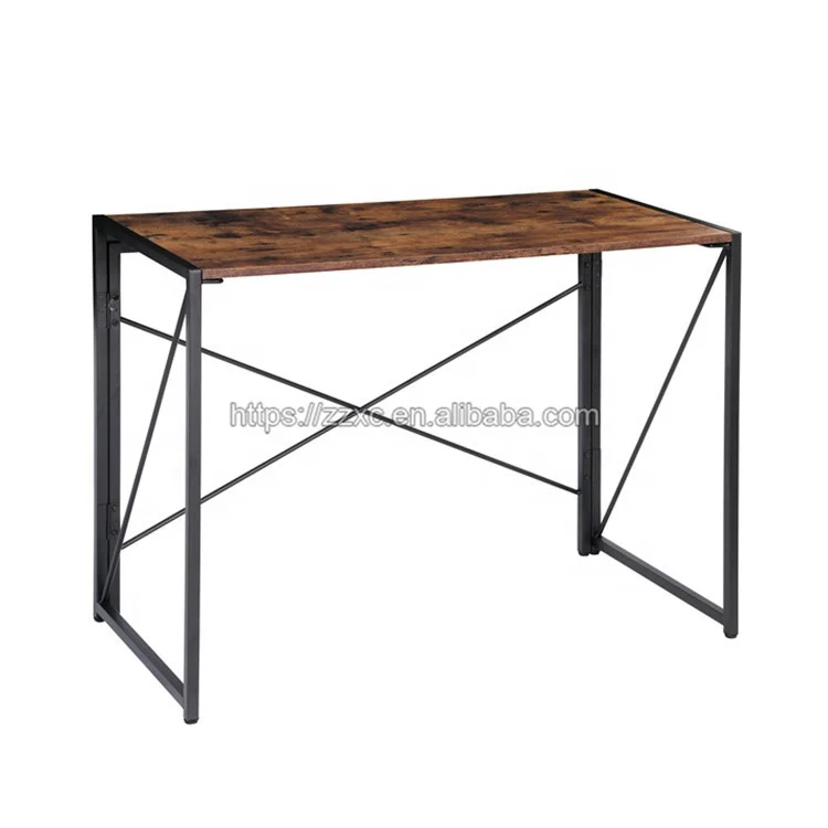 Compact Metal Folding Home Office Desk with Wooden Table Top