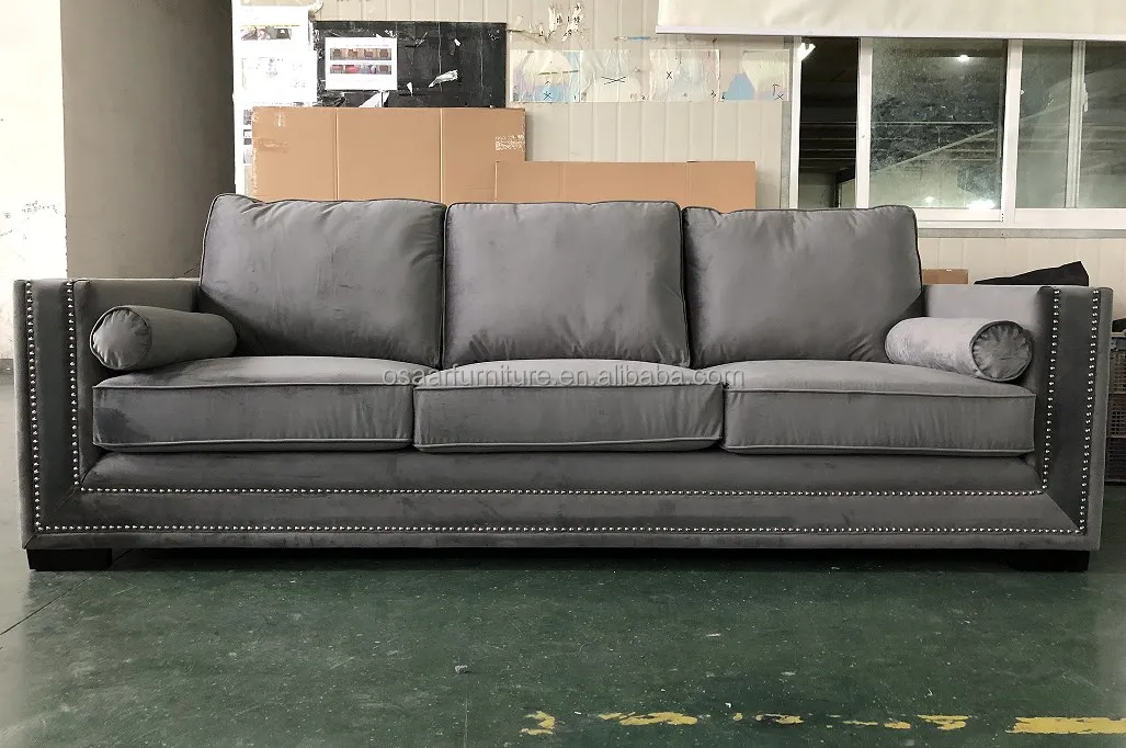 Accent European Style Living Room Grey Velvet Upholstered 4 Seater Fabric Sofa Furniture