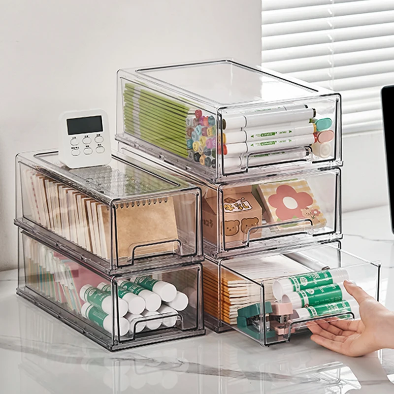 Chenyi Dustproof Stackable Closet Storage Box Clear Desktop Stationery Organizer Transparent Plastic Stationery Storage Drawer