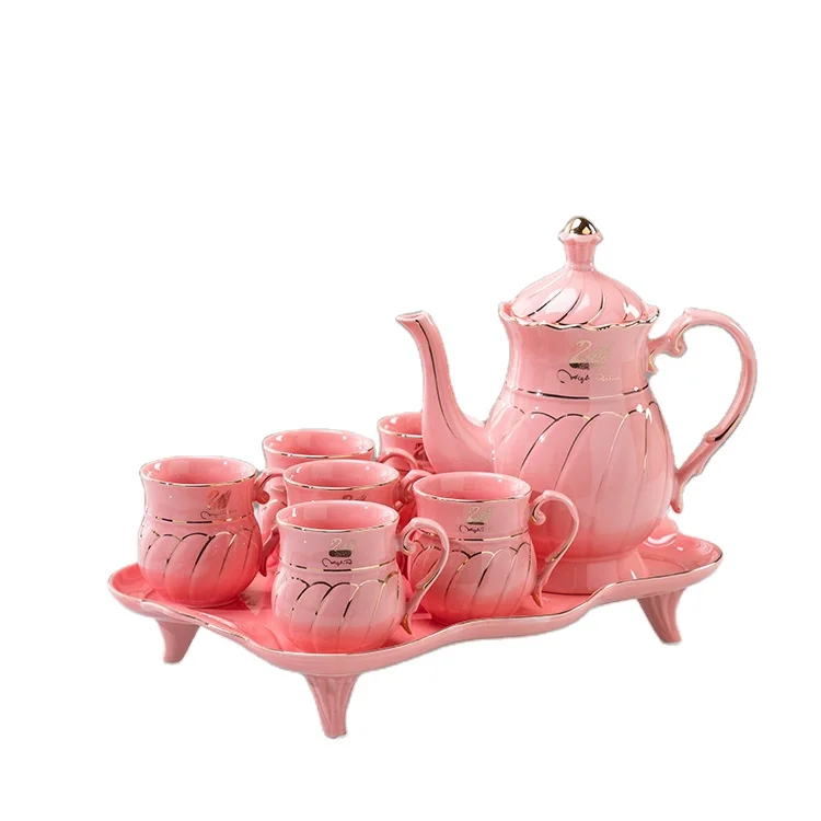 
Ceramic Gold Rim Decor Coffee Tea Cup Sets With 1 Teapot and 1 Tray 