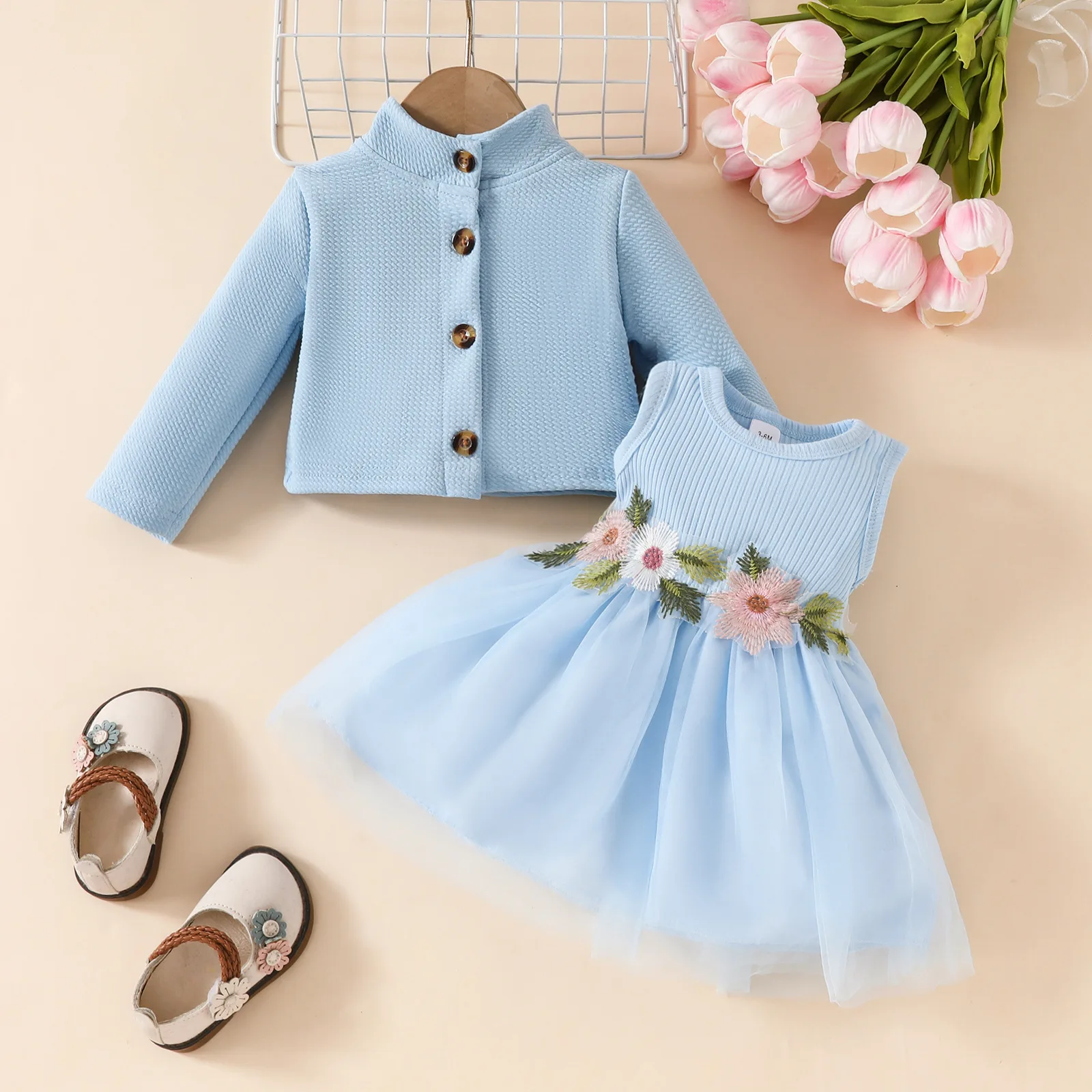 Hot Selling Summer Newborn Baby Sleeveless Girl Princess Dress Cute Kids Hair Band Kids Hair Band Mesh Dress +Coat 3pcs Sets