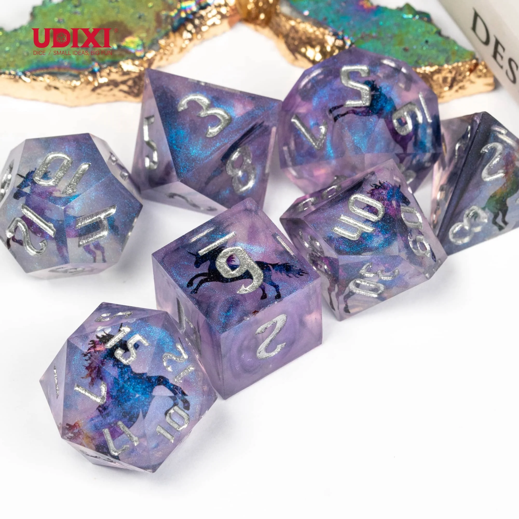 Udixi polyhedron dungeons and dragons resin sharp edge rpg sharp sides dice custom set Unicorn Sticker