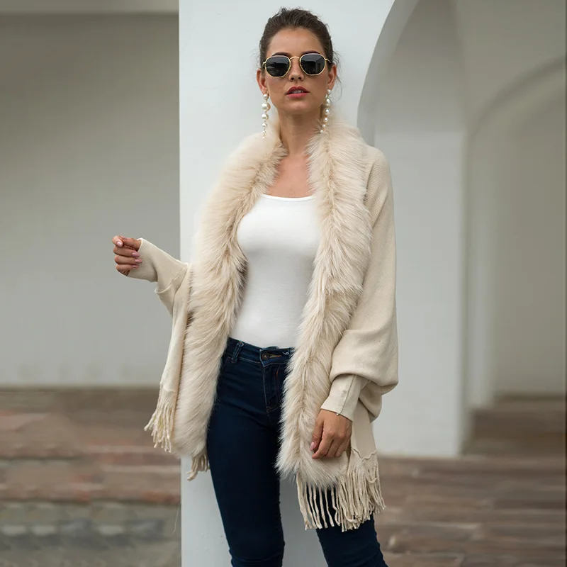 Soiling Winter solid color tassel Fur collar Shawl Cloak Faux fur coats women cashmere sweater poncho knit cardigan