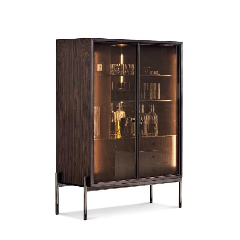 Luxury vertical glass door wood frame wine cabinet bar living room furniture with stainless steel legs