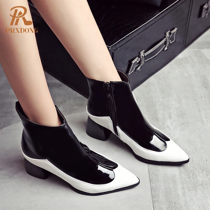 Boots Mixed Colors PU Leather Women Ankle Boots Pointed Toe High Thick Heels Platform Side Zipper Casual Concise Female Shoes 45