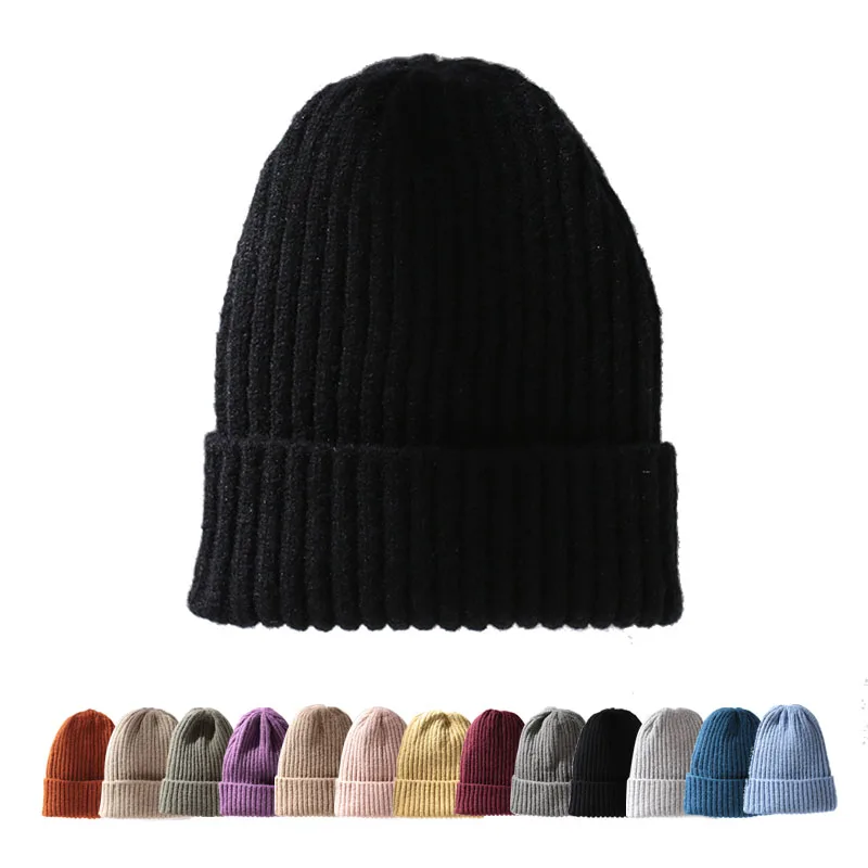 New Autumn And Winter Warm Fleece Acrylic Beanies Knitted Hats Solid Color Custom Embroidery Logo Rib Winter Thick Knitted Hats