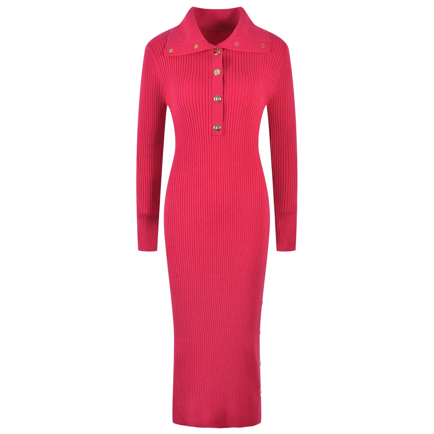 Vintage Knitted  Long Sleeve  Women Slim Bodycon France Elegant Fall Winter Button Sweater Woman Dress