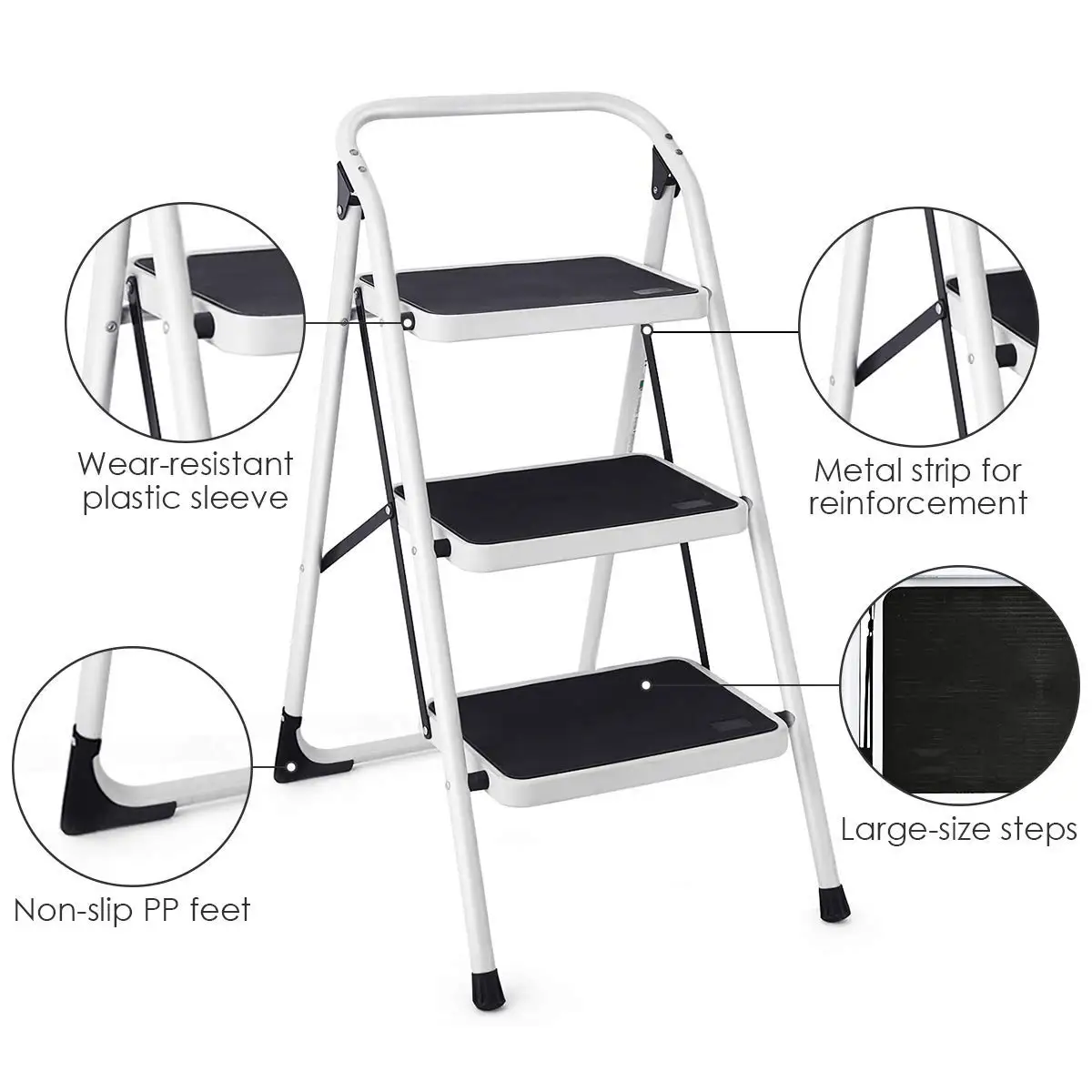 2022 new design compact foldaway 3 stool double side step ladder with handle