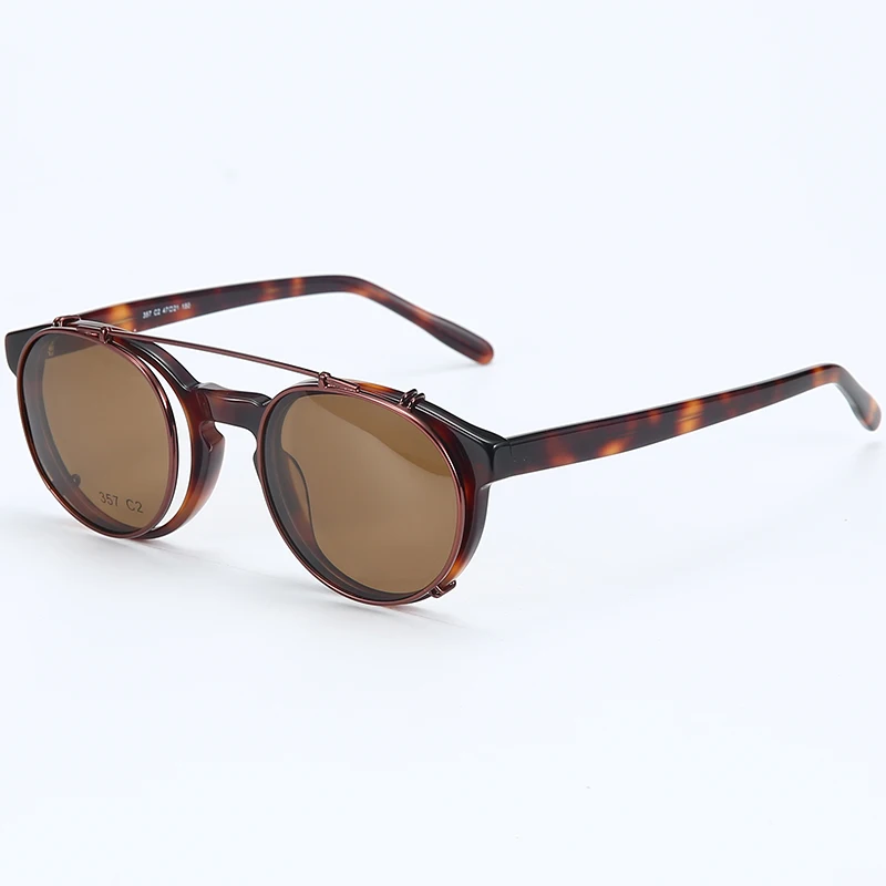 Italian Vintage Acetate Round Polarized Clip On Sun Glasses Frame