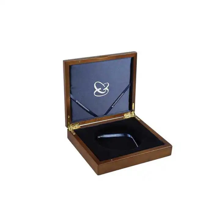 Handmade High Quality Custom Walnut Solid Wood Box Single Coin Display with Stamping Embossing and Varnishing Features