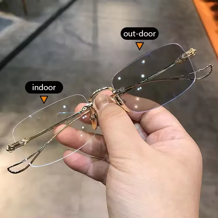 Frameless discolored blue anti light glasses Hipster women photochromic and anti blue glasses handsome men business rimless