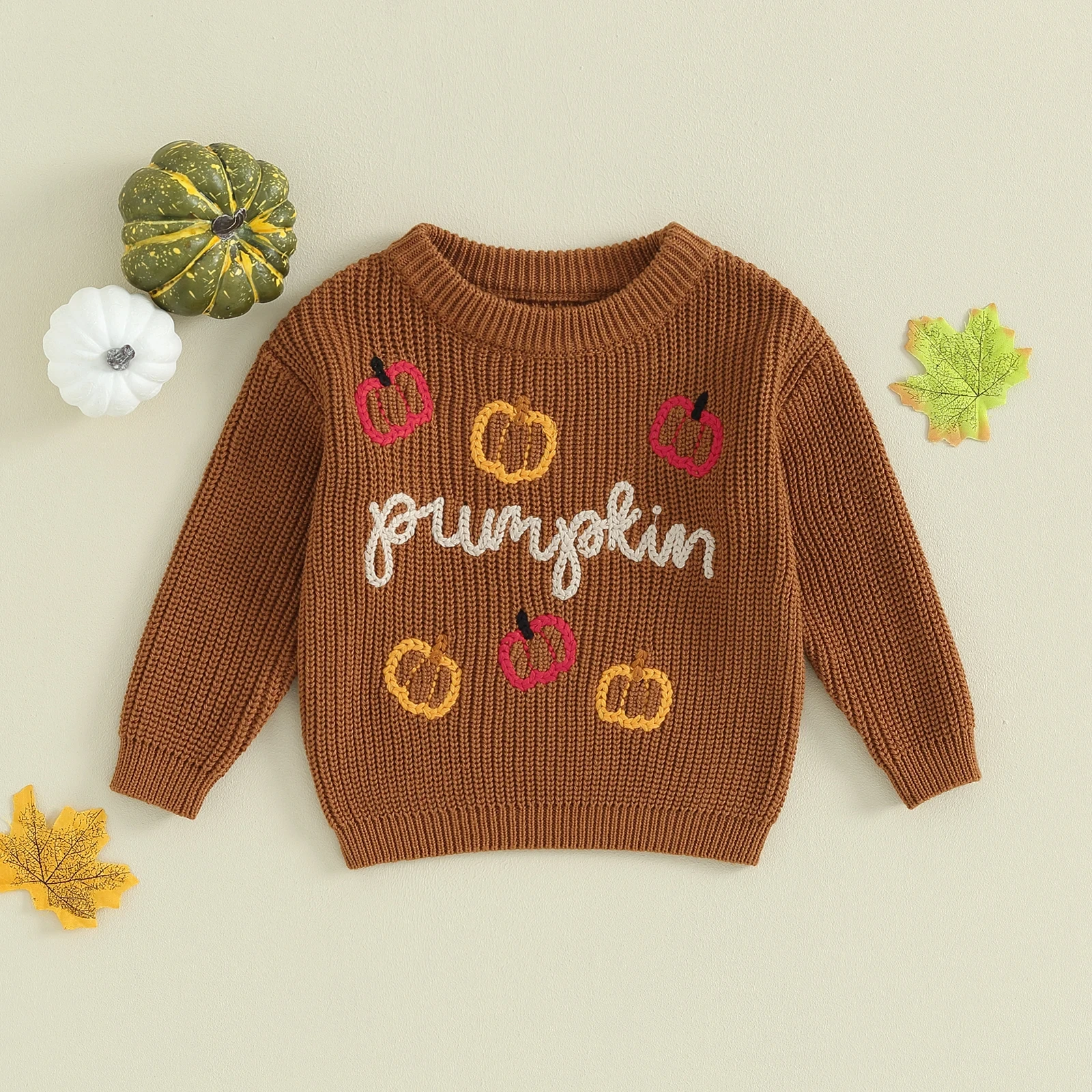 Rarewe Halloween Original Design Solid Color Kids Knitted Pullover Letter Patched Pumpkin Embroidery Girls Crocheted Sweater