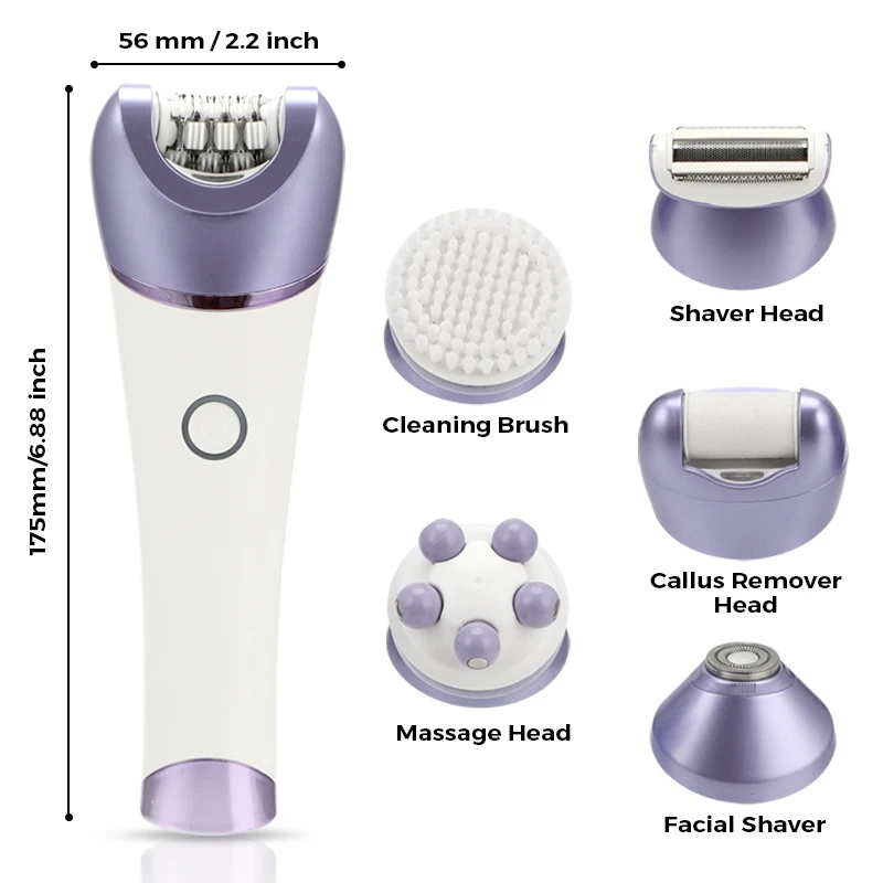 Women Portable Cordless Electric Epilator 5 Attachments for Legs Underarms Bikini Epilator