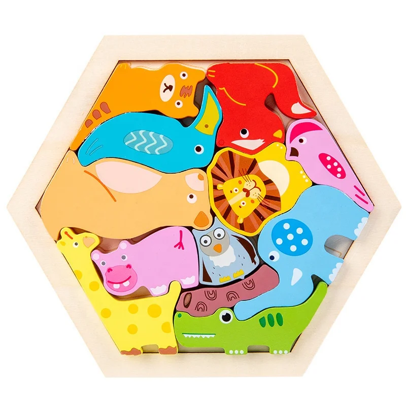 C01828 popular kids toys wooden toy Forest animal creative cartoon hexagon puzzles
