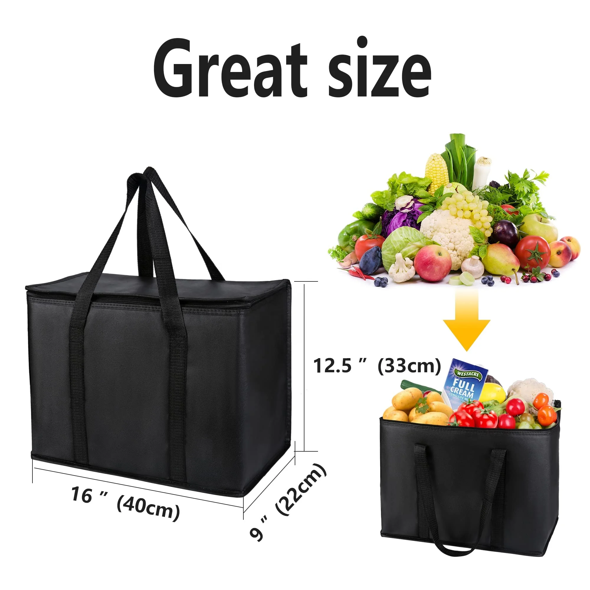 Hot Sale Aluminum Foil Waterproof Heavy Duty Additional Bottom Plate Black Big Insulated Food Delivery Bag With Sturdy Zipper