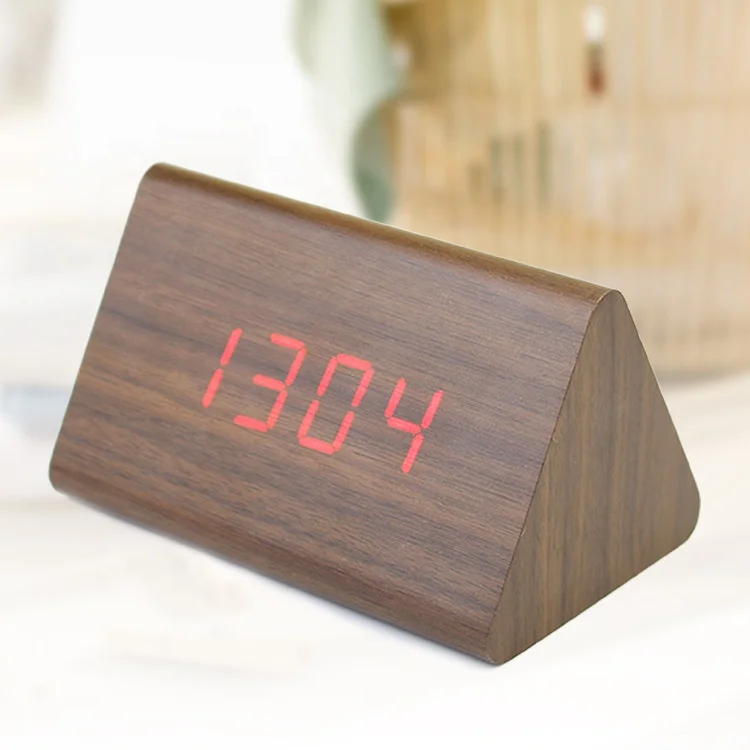 KH-WC006 Student Gift Small LED Digital Voice Control Desk Triangle Wooden Alarm Clock